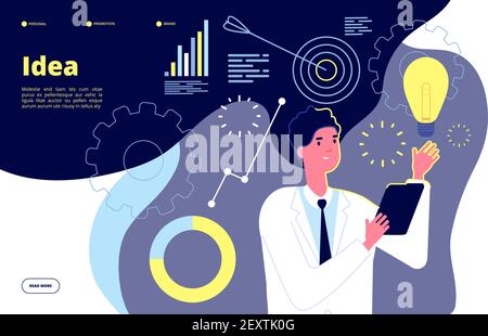 Light bulb idea. Man holding glowing lightbulb. Creative innovation, imagination and brainstorming flat concept. Vector landing page. Illustration innovation man idea, creativity lightbulb Stock Vector