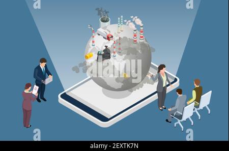 Pollution problems. Earth pollution conference. Isometric planet, factory, chimneys. Ecology vector illustration. Pollution earth ecology, environment problem, waste and garbage, ecological problem Stock Vector