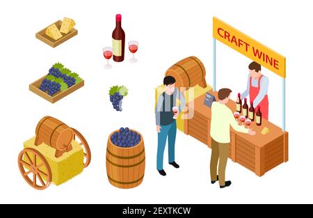 Craft wine tasting. Winemaking isometric concept. Vector grapes, cheese, market stall, wooden barrel. Illustration wine taste near stall, bottle winery tasting Stock Vector