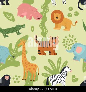 Jungle animals seamless pattern. Lion, crocodile and zebra, elephant and monkey, hippo and giraffe with summer tropical leaves vector texture. Monkey and lion, giraffe and elephant illustration Stock Vector