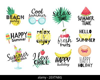 Summer labels. Beach vacation, summer travel graphic with lettering. Cocktail, sun and fresh fruits, ice cream badges vector set. Illustration paradise party label, watermelon and tropical fruits Stock Vector