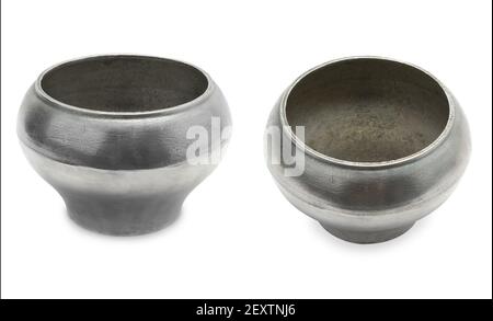 Panorama old metal pots from two foreshortenings isolated on white background. Stock Photo