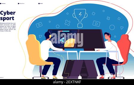 Cyber sport landing page. Esport pro gamers team play online video game at computers on tournament vector concept. Tournament competition, cyber game championship illustration Stock Vector