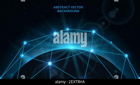 Universe connected. Digital planet, web map communication. Night starry sky and universe, earth and tech hologram. 3D global. Network blue connection, mesh internet wireframe illustration Stock Vector
