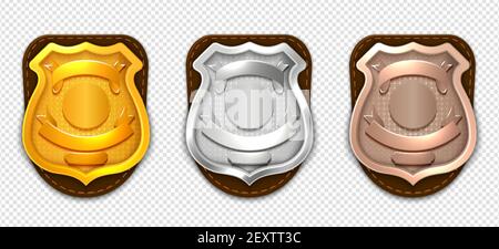 Realistic police badges. Security silver gold bronze badges vector mockup. Badge metal sheriff emblem isolated, realistic police badge illustration Stock Vector