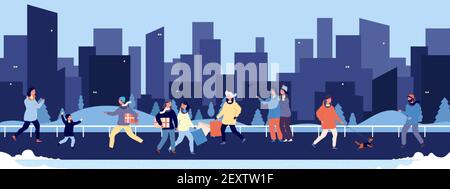 Winter walking. Happy people walking in downtown vector illustration. Flat men women child pets on street and skyscrapers silhouettes. Winter with people. Winter woman and man outerwear xmas seasonal Stock Vector