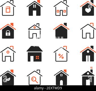 House icons. Exterior home images. Flat outlined houses, real estate property symbols. Thin line style housing. Vector web interface signs. Illustration house property interface, interest and lock Stock Vector