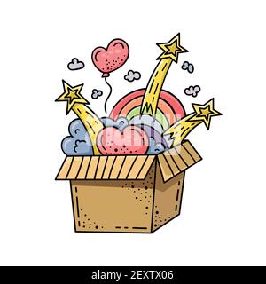 Doodle illustration of a magic box with hearts, clouds and rainbows. Cartoon illustration. Stock Vector