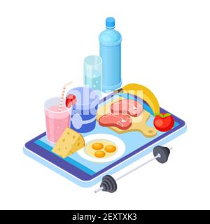 Healthy diet app. Isometric mobile diet consultant. Fruits, meat, water - healthy menu. Healthy diet on smartphone app, health meat nutrition illustration Stock Vector