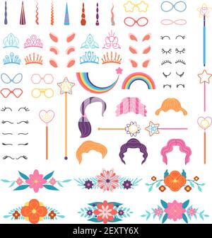 Unicorn constructor. Stylish pony details. Horns, mane and eyelashes, ears and crowns, glasses. Flowers and magic wand cartoon vector set. Magic horn pony mane, flower and unicorn illustration Stock Vector