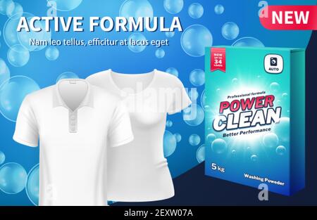 Laundry detergent. Realistic box detergent. Washing clothes advertising vector background with white t-shirts. Illustration laundry advertising, household detergent, clothing hygiene and clean Stock Vector