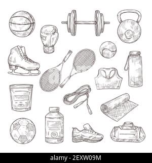 Sketch sports equipment. Ball, dumbbell and tennis rackets, boxing glove and jump rope, sports nutrition. Doodle fitness vector set. Illustration football and tennis, equipment sketch for sport Stock Vector