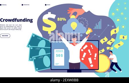 Crowdfunding. Startup financial investment internet service. Development, cash income management strategy, partnership vector landing page. Illustration investment crowdfunding, money finance invest Stock Vector