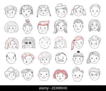 Sketch people avatars. Female and male portraits, human faces, men and women user profile doodle icons vector set. Male and female profile, sketch user person illustration Stock Vector