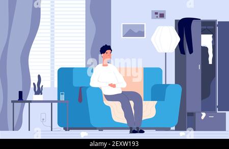 Apathetic man. Indifferent tired boy, male depression disorder. Exhausted unhappy guy on couch and mess in room. Depressed vector concept. Illustration male tired and relaxation, fatigue and man Stock Vector