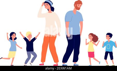 Large family. Tired parents, happy excited children. Mother father stand with teenagers. Vector parenting, big group toddlers illustration. Father and mother with children boy and girl Stock Vector