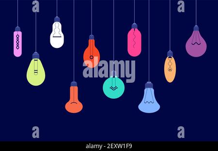 Hanging light bulbs. Creative ideas and lighting energy technology concept with glowing lightbulbs vector background. Hanging lighting lamp, light bulb creativity idea colorful illustration Stock Vector