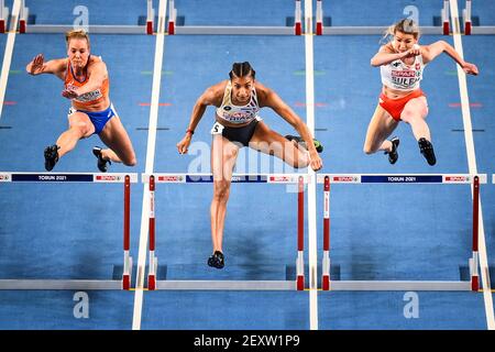 Belgian Nafissatou Nafi Thiam pictured in action during the 60m hurdles race of the women pentathlon event of the European Athletics Indoor Championsh Stock Photo