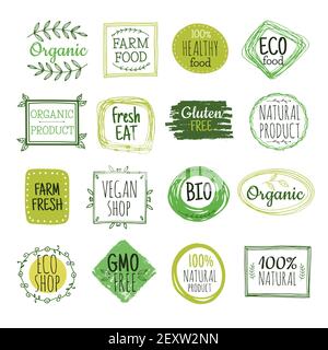 Bio labels. Vegan green eco food, gluten free natural farm product labels. Fresh organic healthy eat badges vector set. Illustration bio and eco badge green Stock Vector