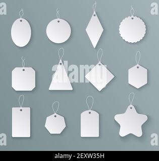 Tags labels. White paper empty price tag with string in different shapes. Mockups for christmas gifts isolated vector templates. Hang blank tag for sale price, gift shape label illustration Stock Vector