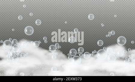 Soap foam. White suds, shiny water bubbles. Shampoo or shower gel lather isolated on transparent background. Realistic foam vector background. Illustration shampoo foam, soap white Stock Vector