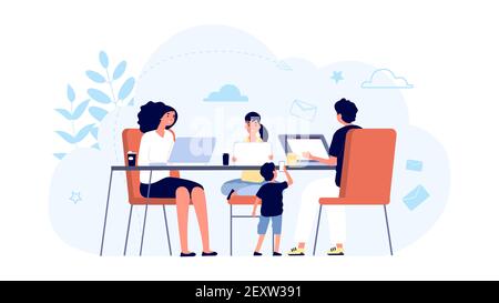 Family with gadgets. Family network concept. Mom, dad kids with laptops and tablets at table together. Internet addiction, online lifes. Illustration family addiction network, social mobile Stock Vector