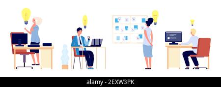 New ideas. Business people have great ideas. Flat male female thinking about business process. Vector people characters at workplace. Illustration business female and male, businesswoman businessman Stock Vector