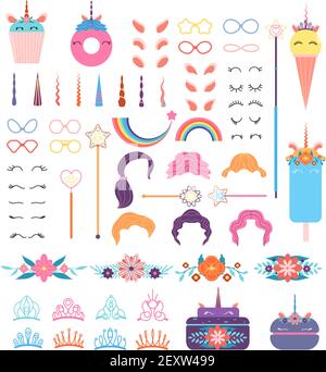 Pony unicorn face elements. Unicorns head with hairstyle, mane and horn. Crowns and glasses, wings and flowers, rainbow vector set. Illustration eyelash and hair, ears and hairstyle, crown and flower Stock Vector
