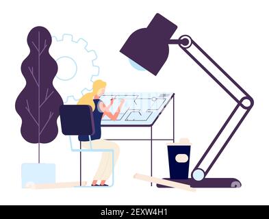 Woman architect at work. Vector girl engineer character. Professional architect draws project vector illustration. Engineering architect job drawing Stock Vector