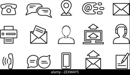 Contact line icons. Minimal business, internet and location outline symbols. Website or chat mobile interface information vector elements. Contact social information, user outline icon illustration Stock Vector