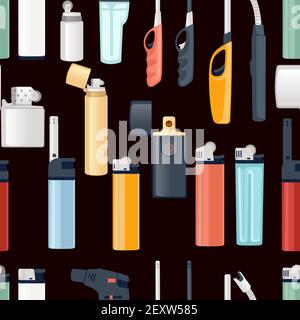 Seamless pattern of plastic and metal lighter for kitchen or cigarette gas lighter smoker accessory vector illustration on dark background Stock Vector