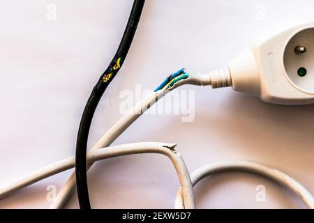 wire cable damaged by rabbit chewing Stock Photo