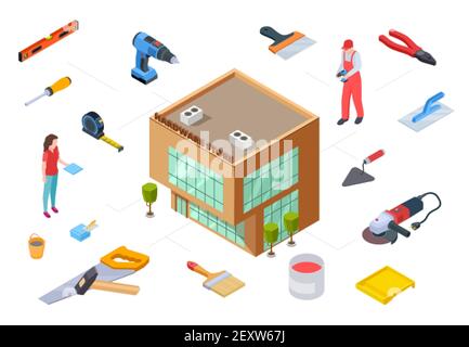 Hardware store concept. Construction supplies isometric collection. Vector 3D store building supplies tools for construction repair design. Illustration equipment tool to repair Stock Vector