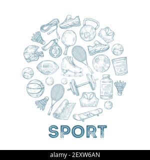 Sports equipment background. Sketch medal, basketball and rugby ball, skate and football helmet in circle composition vector concept. Illustration basketball and rugby, equipment ball and helmet Stock Vector