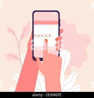 Menstruation cycle. Hands hold woman periods calendar. Menstrual phone application, ovulation check. Vector female health illustration. Female control planning menstrual application Stock Vector