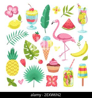 Summer elements. Tropical vacation photo booth props. Flamingo, ice cream and pineapple, leaves and cocktail, flower and smoothies vector set. Illustration pineapple and flamingo, cocktail tropical Stock Vector