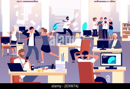 Chaos in workplace. Sleepy lazy, unorganized employees in office. Bad organization control, business corporate problems vector concept. Work office day, relax and running routine illustration Stock Vector