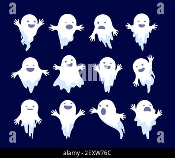 Ghost. Halloween spooky phantom, scary spirits. Mystery dead monsters cartoon vector ghostly characters. Illustration ghost holiday, white ghostly mystery illustration Stock Vector
