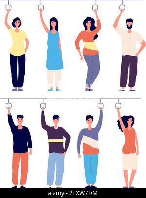 People holding bus handles. Diverse people in subway, public transport passengers standing in train, tram vector concept. People stay in train subway, metro or public transport illustration Stock Vector