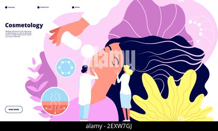 Cosmetology concept. Facelift, epidermidis treatment and diagnostic, plastic surgery. Beauty and care landing page web vector design. Cosmetology diagnostic, plastic surgery page illustration Stock Vector