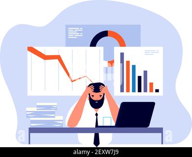 Financial crisis concept. Businessman in panic with falling trading charts. Failure and bankruptcy, economic risk vector background. Businessman crisis market, business chart and graph illustration Stock Vector