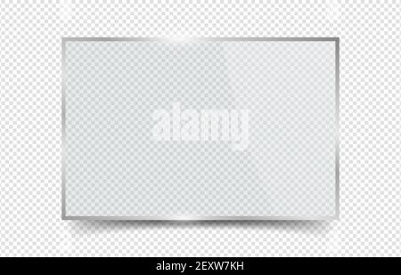 Glass banner. Reflection plexiglas window frame with glares. Vector realistic crystal rectangle board isolated on transparent background. Illustration glossy window, glare and clear, panel board Stock Vector