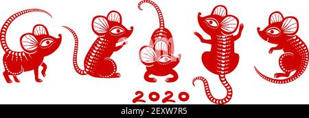 New year 2020 rat. Chinese zodiac rats, asian red mouse calendar symbols with pattern. Isolated vector set of chinese mouse, rat china illustration Stock Vector