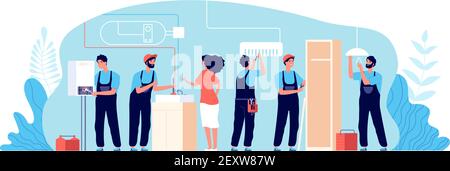 Husband for hour. Male carpenter, electrician work. Men characters with instruments, repair home helping. Install equipment vector concept. Electrician work, technician worker and plumber illustration Stock Vector