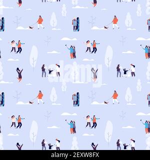Winter time seamless pattern. Couples and kids outdoor, people in snowy forest background. Winter activities vector texture. Activity in winter forest, snowman with happy family illustration Stock Vector