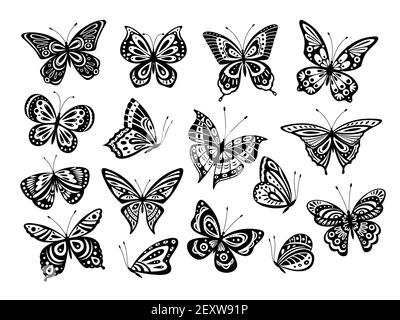 Black butterflies. Drawing butterfly silhouette, nature elements. Gorgeous artwork ornate wings different forms. Isolated tattoos vector set. Butterfly insect, silhouette butterfly illustration Stock Vector