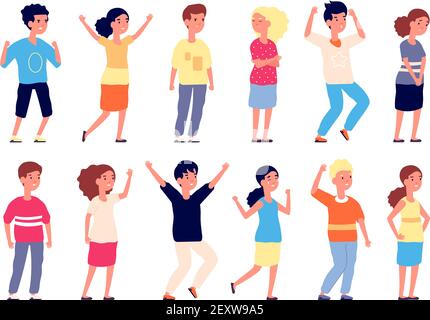 Emotional kids. Children faces expression, emotion kid. Group of teens laugh, cry and joy. Vector isolated little girls and boys characters. Illustration feeling confused or angry, cheerful and laugh Stock Vector