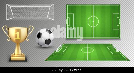 Football vector elements. Soccer ball golden cup green fields goals. Realistic vector football elements isolated on white background. Illustration goal game, soccer or football sport Stock Vector