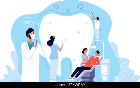 Stomatology. Orthodontics clinic, dental hygiene or dentist office. Private medicine dentistry services. Doctors and patient vector concept. Dental clinic, hospital dentistry, orthodontic illustration Stock Vector