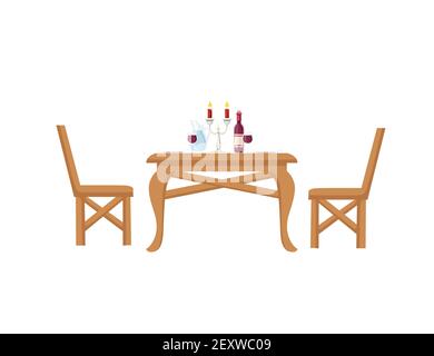 Romantic dinner concept with wine and wine glass wooden luxury royal table and chairs vector illustration on white background Stock Vector